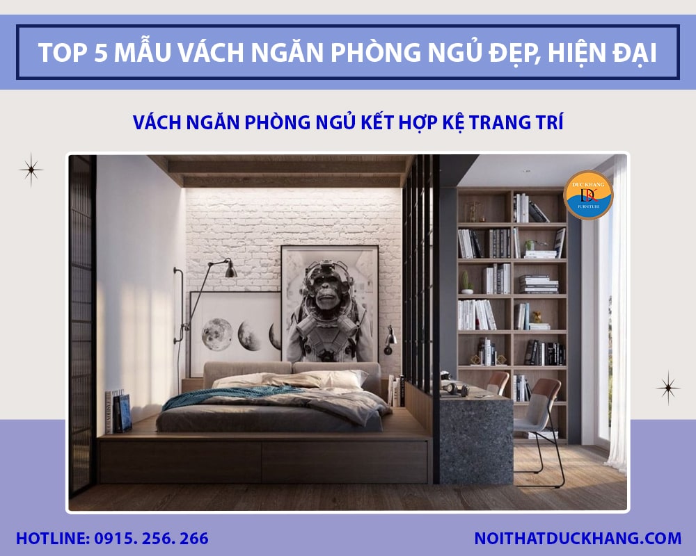 Vách ngăn phòng ngủ kết hợp kệ trang trí