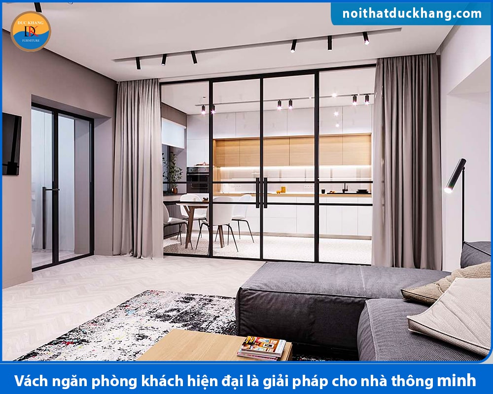 Vách ngăn phòng khách bằng kính hoặc khung nhôm kính