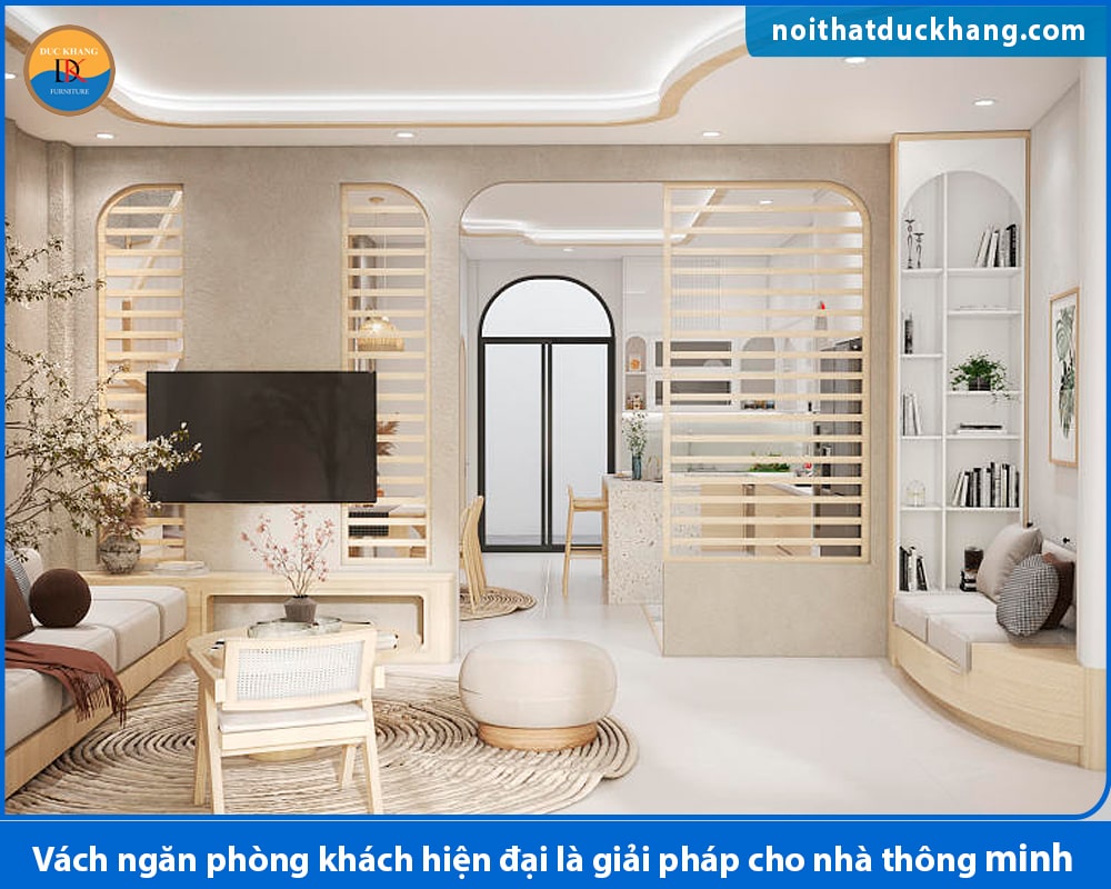 Vách ngăn phòng khách kết hợp kệ, tủ