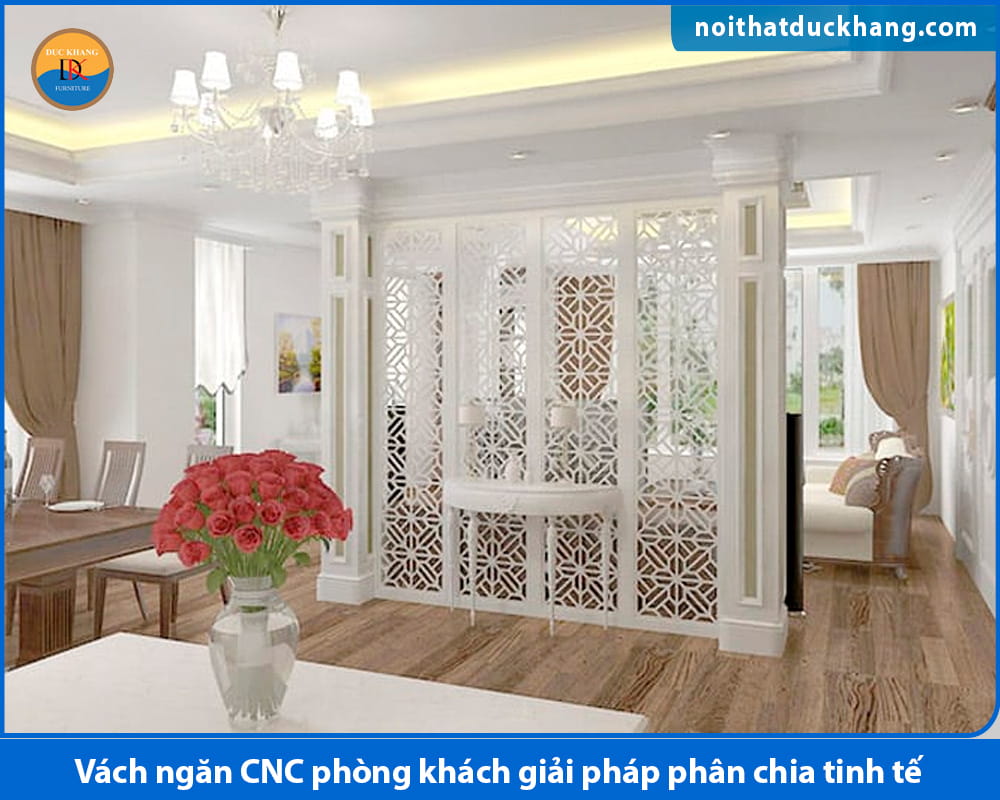 Vách ngăn CNC phòng khách kết hợp kệ trang trí Vách ngăn CNC phòng khách kết hợp kệ trang trí