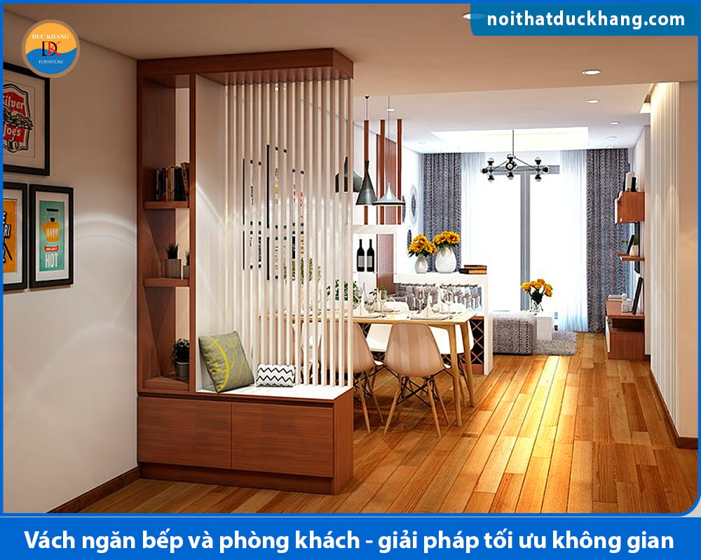 Vách ngăn bếp và phòng khách bằng gỗ công nghiệp