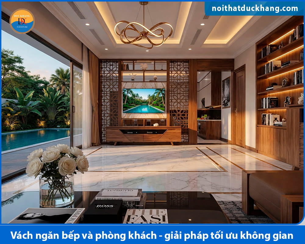 Vách ngăn bếp và phòng khách bằng CNC trang trí