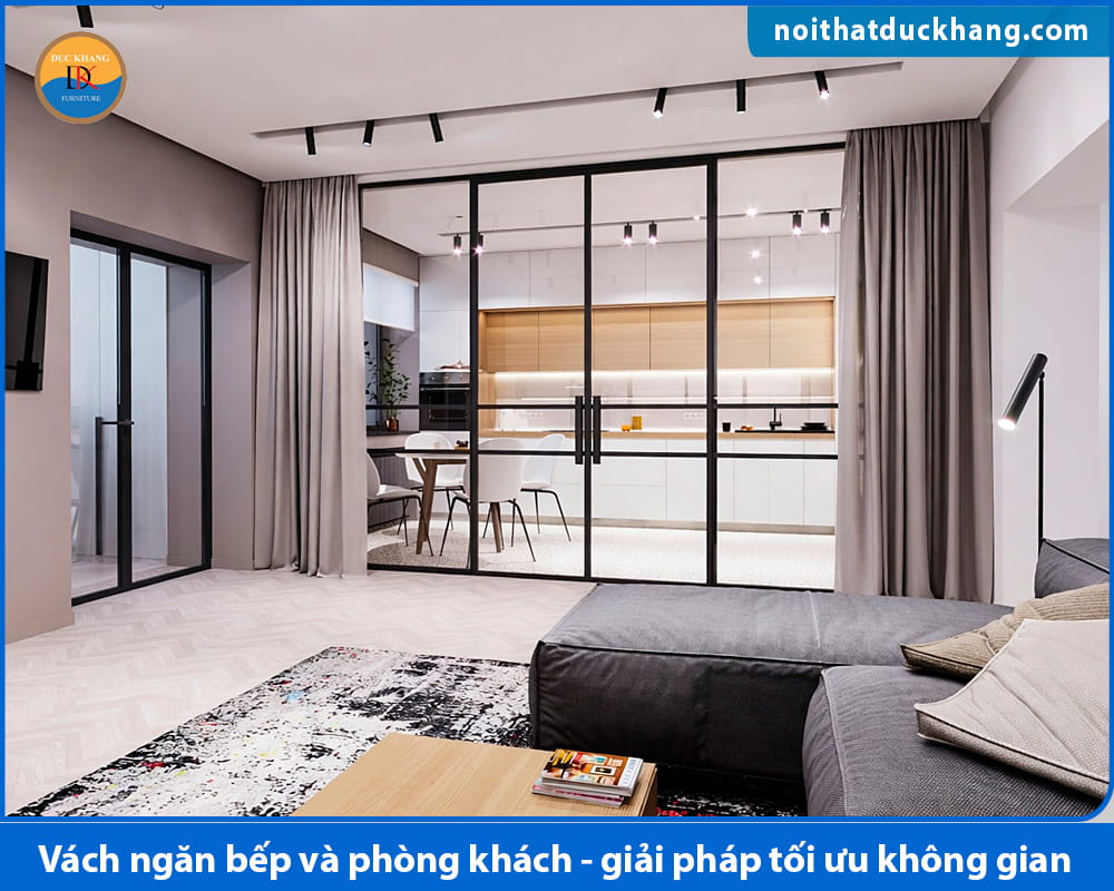 Vách ngăn bếp và phòng khách bằng kính
