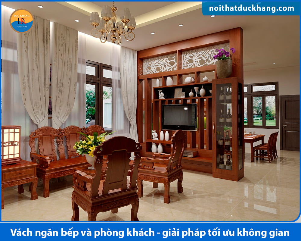 Vách ngăn bếp và phòng khách kết hợp kệ tủ